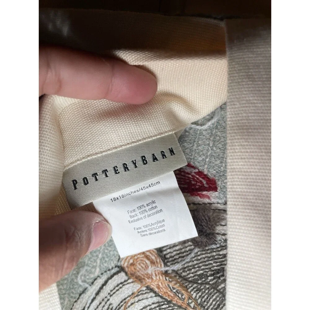 Pottery Barn Christmas Skiing Penguin Crewel Embroidered Pillow Cover Blue 18x18